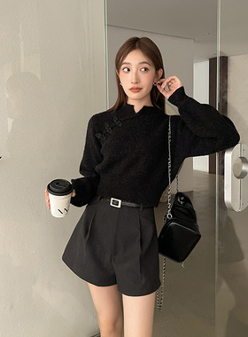 SWHP 【现货】新中式软糯复古文艺盘扣针织毛衣春秋短款上衣