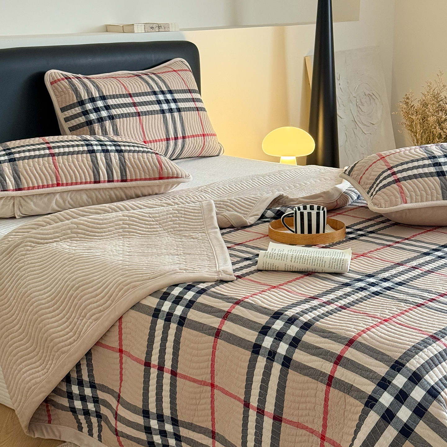 A类全棉色织水洗棉棉加绒床盖三件套宝宝绒夹棉床单双面榻榻米