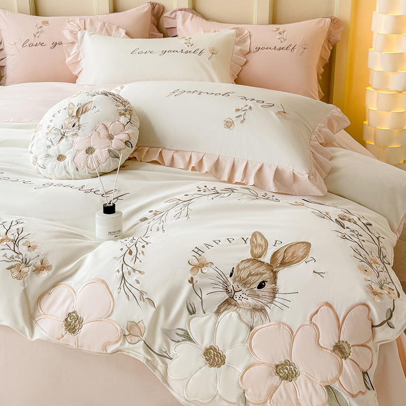 卡通加厚纯棉刺绣四件套全棉100支长绒棉磨毛抱枕绣花被套床笠