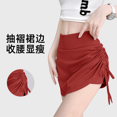 新款抽皱运动短裙女防走光高腰提臀跑步假两件瑜伽健身裤夏
