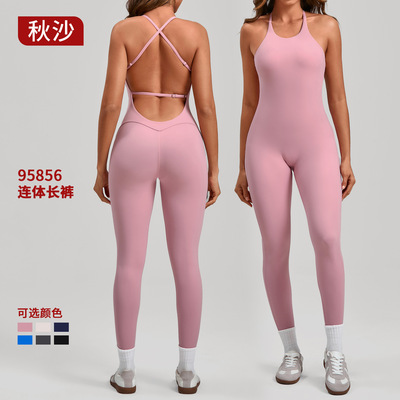 欧美可调节肩带美背蜜桃臀运动健身服紧身连体瑜伽服连体衣95856