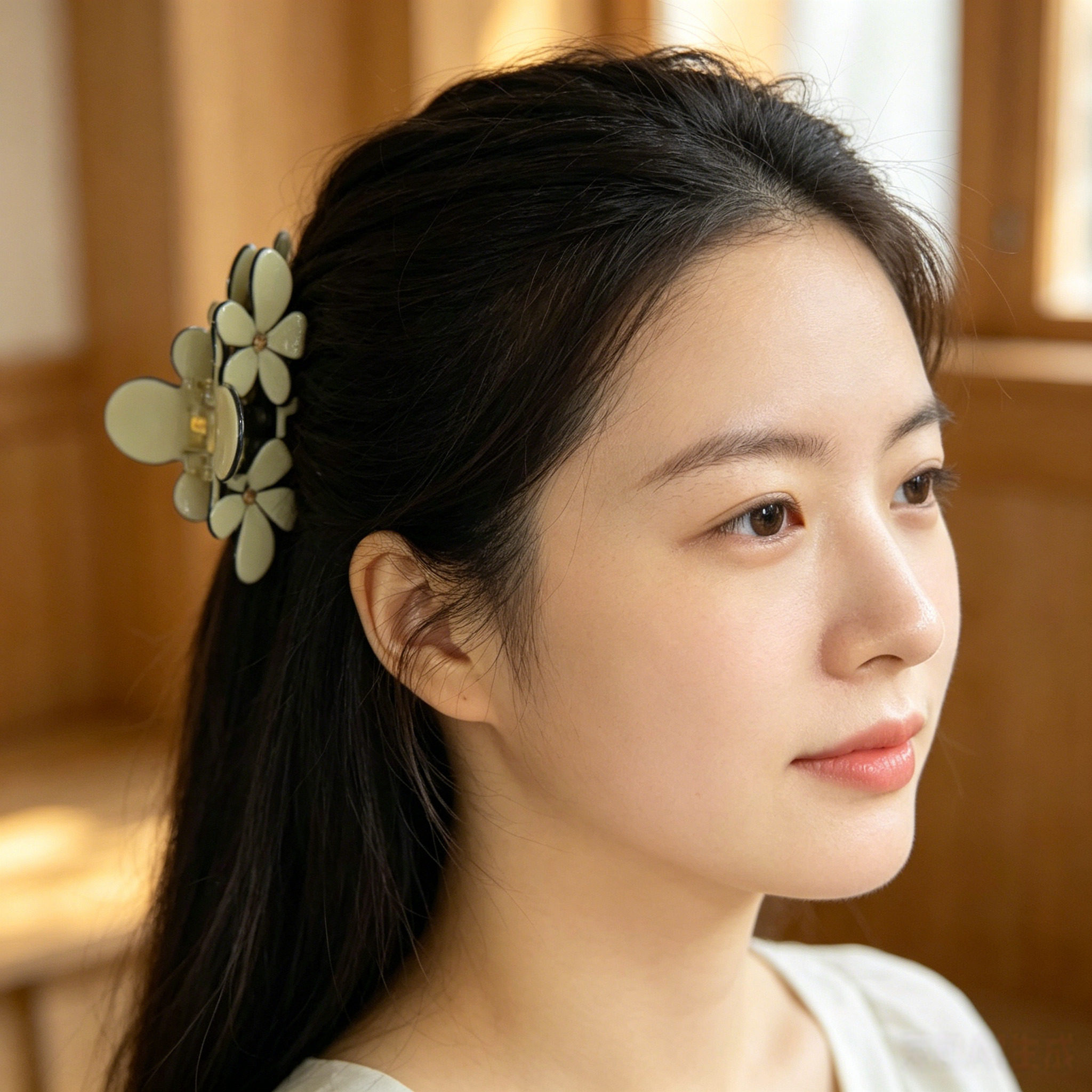 奶白黑边花朵抓夹女 醋酸镶钻鲨鱼夹 温柔韩系后脑勺盘发夹子发饰