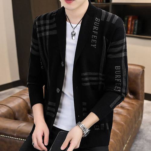 青果领男士针织开衫春秋季上衣服