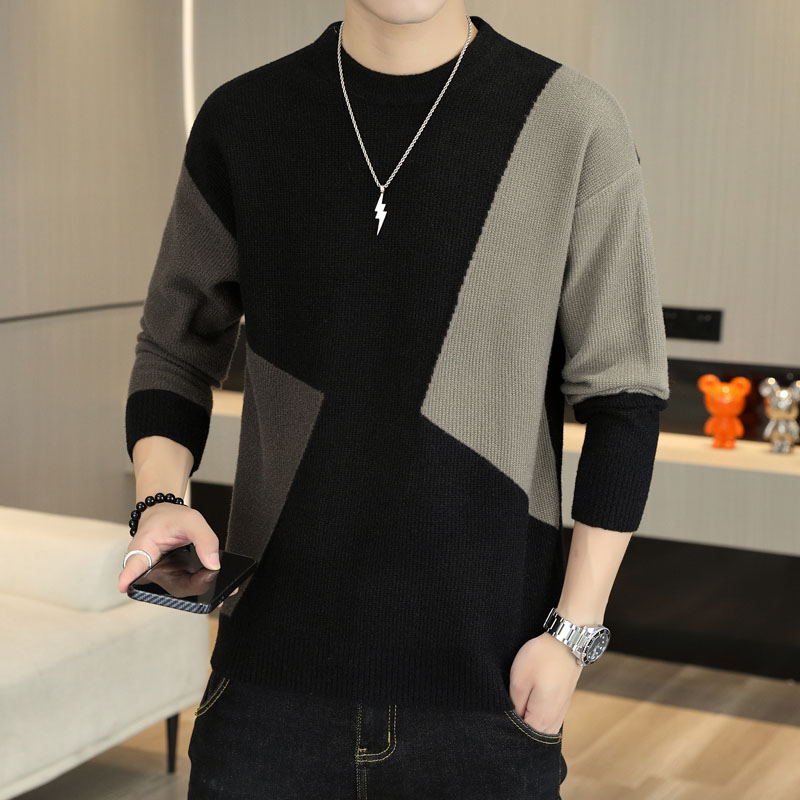 不起球拼色毛衣男秋冬季潮流休闲圆领针织打底衫内搭低领羊毛衫潮