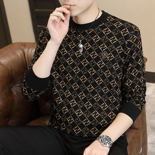 高端印花长袖 时尚 新款 圆领卫衣2024春秋季 t恤花色上衣服 潮流男士