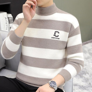 保暖冬装 条纹拼接半高领水貂绒男士 中领打底衫 新款 毛衣2025秋冬季