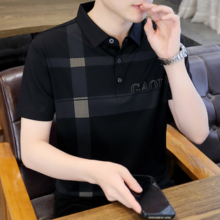 格子印花polo衫男夏季高端翻领冰丝无痕短袖t恤中年男土半袖上衣
