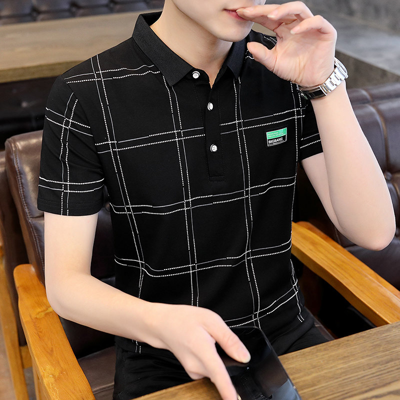纯棉polo衫男夏季高端格子印花翻领短袖t恤青年休闲半袖有领上衣