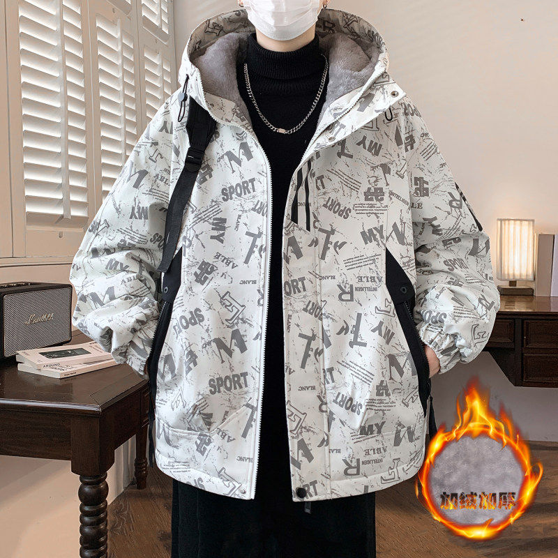 男士满印字母连帽棉服冬加绒加厚潮牌工装外套青少年宽松保暖棉衣