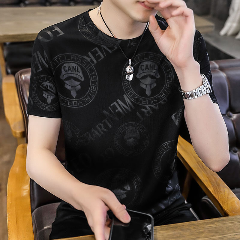 冰丝t恤男短袖夏季高端欧货大牌印花圆领体恤男人黑色半袖上衣潮t