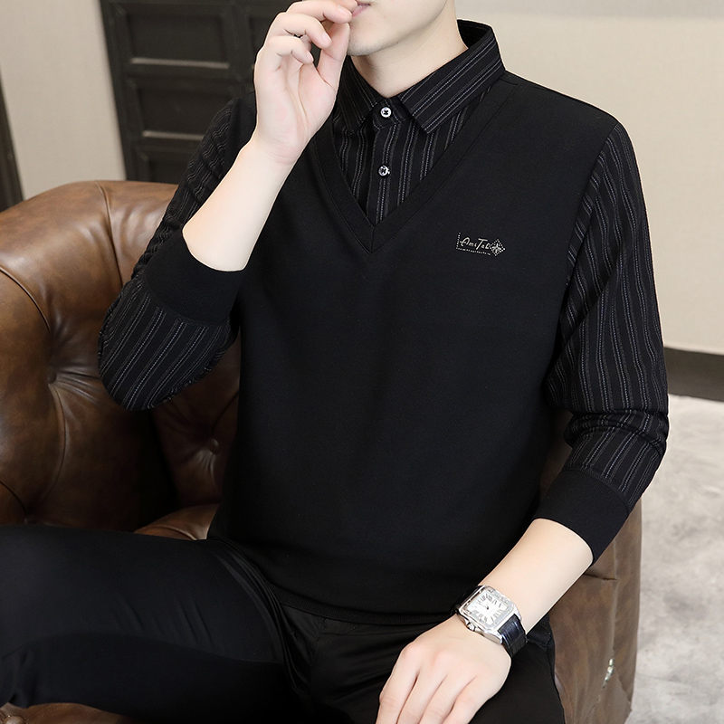 条纹拼接中年polo衫男春秋季新款高端休闲衬衫领长袖t恤秋装上衣