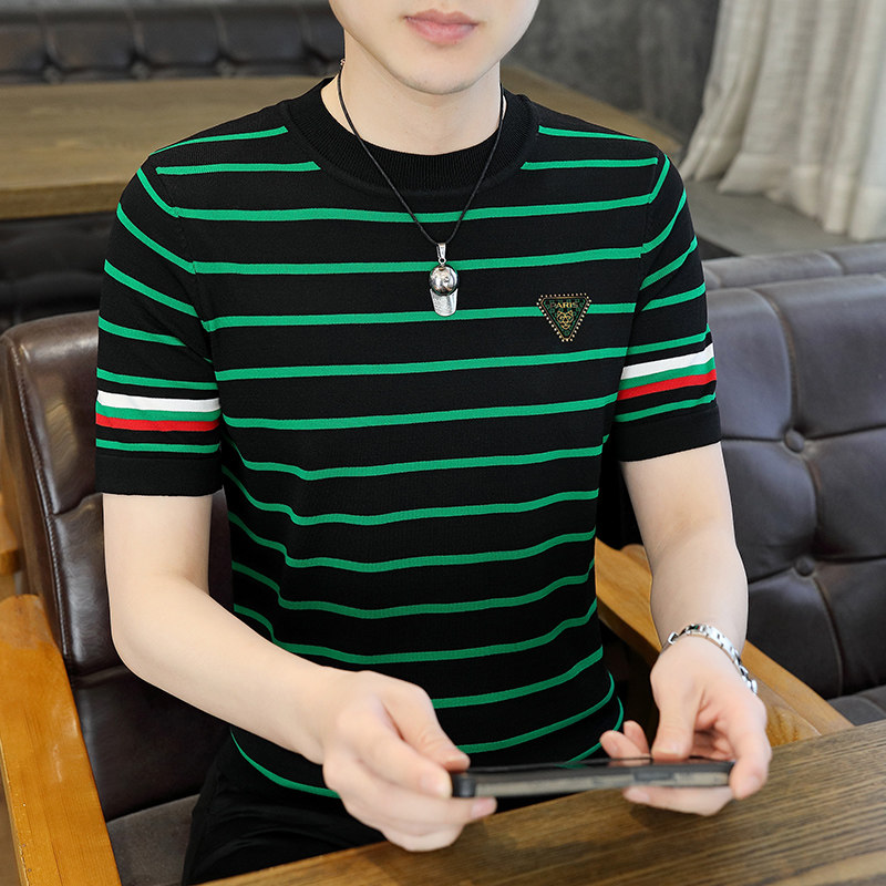 绿色条纹t恤男夏季高端名牌烫钻冰丝针织圆领体恤年轻人半袖上衣