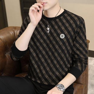 t恤高端欧货秋装 男士 休闲格子长袖 时尚 上衣服 圆领卫衣2024春秋款