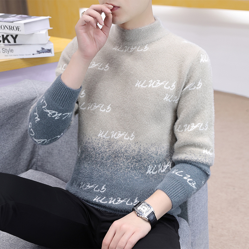 水貂绒字母提花半高领毛衣半高领