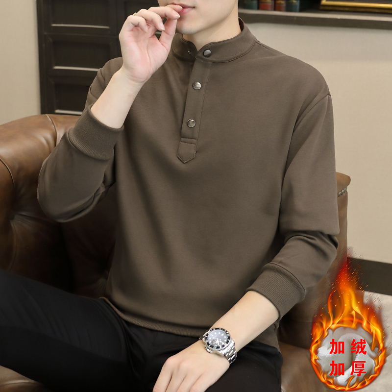 纯棉立领长袖t恤加绒加厚打底衫