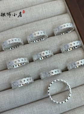 足银999纯银戒指女时尚百搭碎冰冰钱币戒指指环