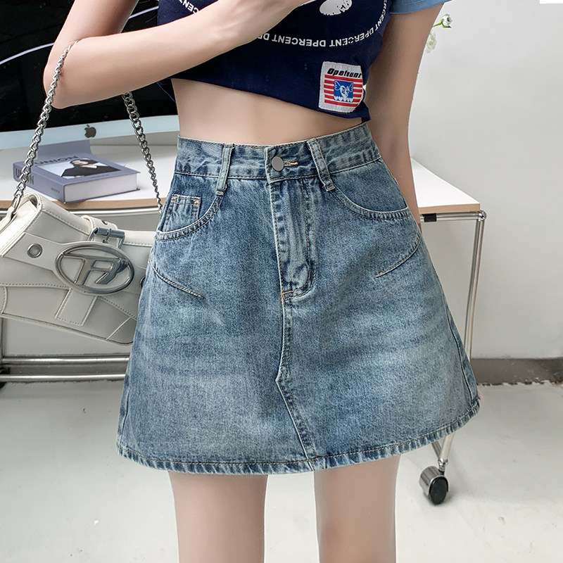 防走光百搭牛仔半身裙子夏季新款浅色小个子高腰a字包臀短裙女