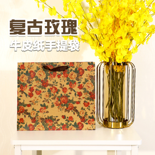 店面膜飾品化裝 品購物袋 袋男女服裝 復(fù)古玫瑰印花牛皮紙袋送禮包裝