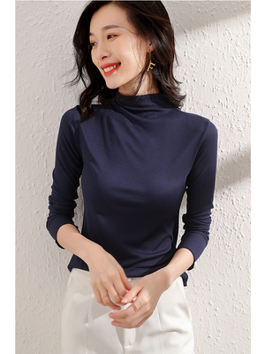 春秋洋气莫代尔打底衫女装半高领内搭薄款长袖T恤女百搭黑色上衣