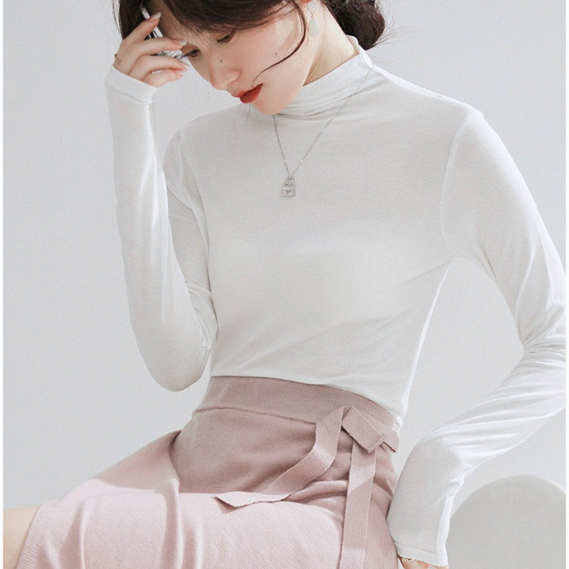 春秋洋气黑色半高领内搭薄款长袖T恤女百搭白色上衣面膜打底衫潮