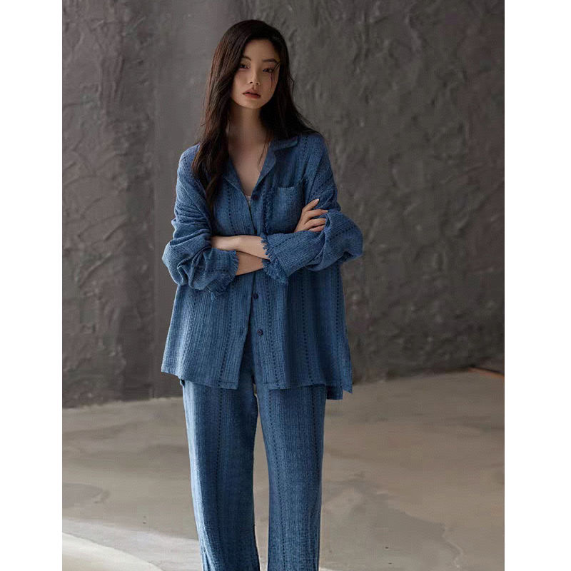 睡衣女士春秋季纯棉长袖蓝色高级感开衫宽松大码可外穿家居服套装