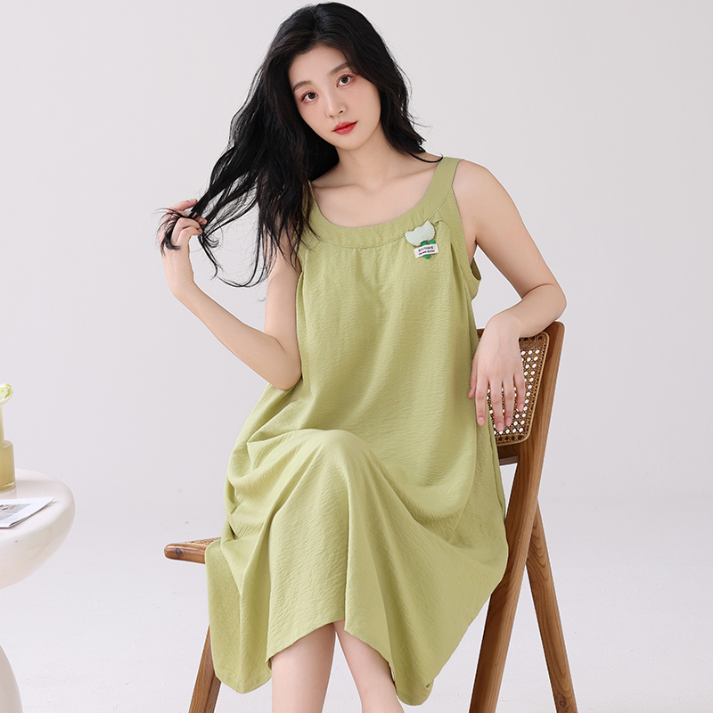 带胸垫睡裙女夏季云朵棉背心无袖可外穿中长款睡衣女高级感连衣裙