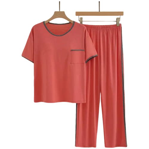 带胸垫睡衣女夏季莫代尔短袖长裤