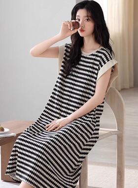 睡裙女士睡衣夏季纯棉无袖背心长款家居服夏款大码条纹休闲可外穿