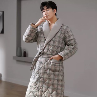 三层夹棉睡袍男士冬季纯棉加厚保暖浴袍大码中老年爸爸冬天家居服