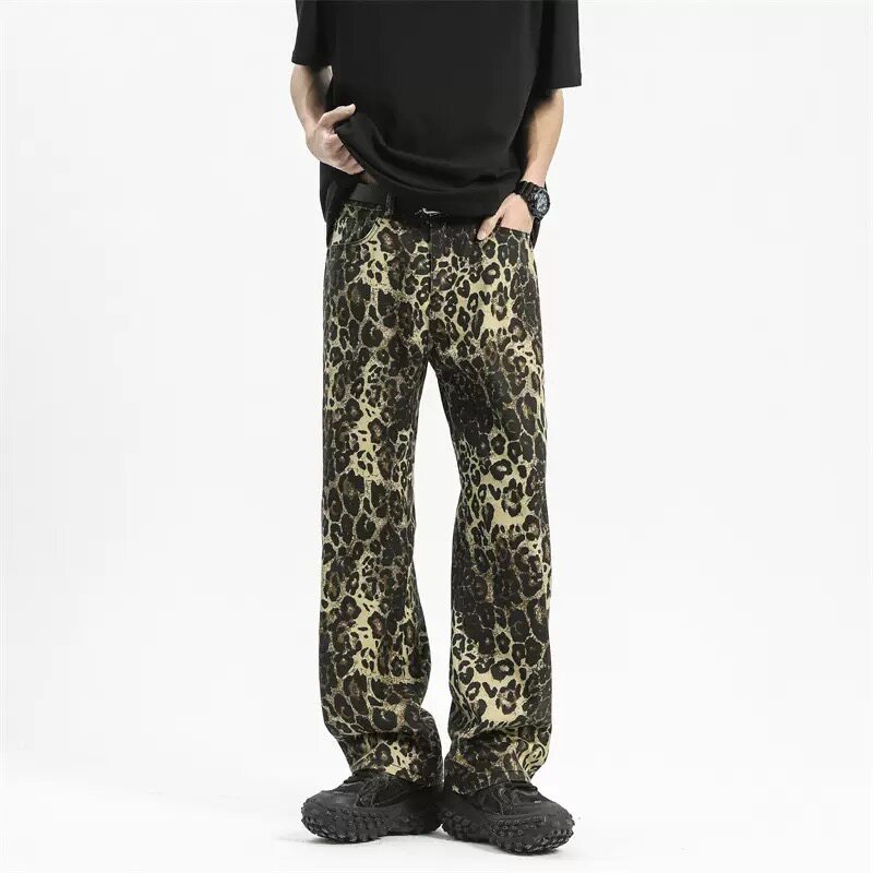 豹纹男士休闲裤美式高街小众痞帅宽松阔腿直筒长裤子舞台表演夜店