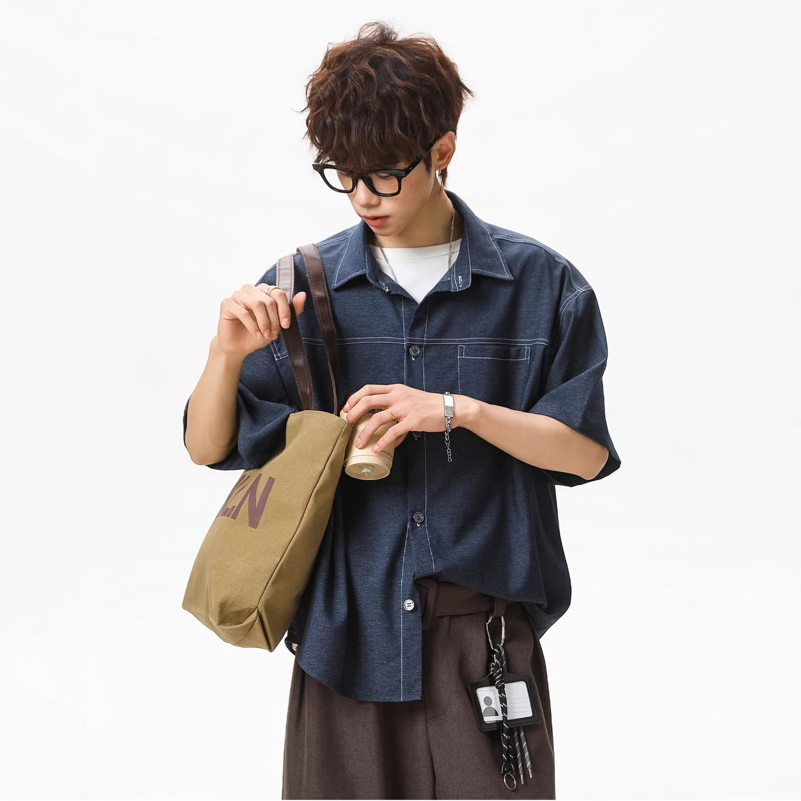 牛仔短袖衬衫男夏季薄款透气宽松工装风休闲衬衣OC7241-P45控78，男装T恤，电商A362