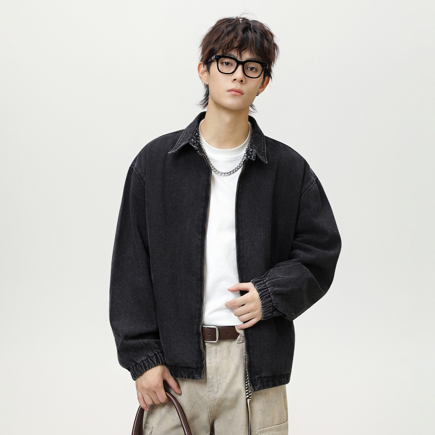 牛仔夹克男秋季款领口印花设计短宽廓形潮牌复古MN6041-P85控138,男装夹克,电商A362