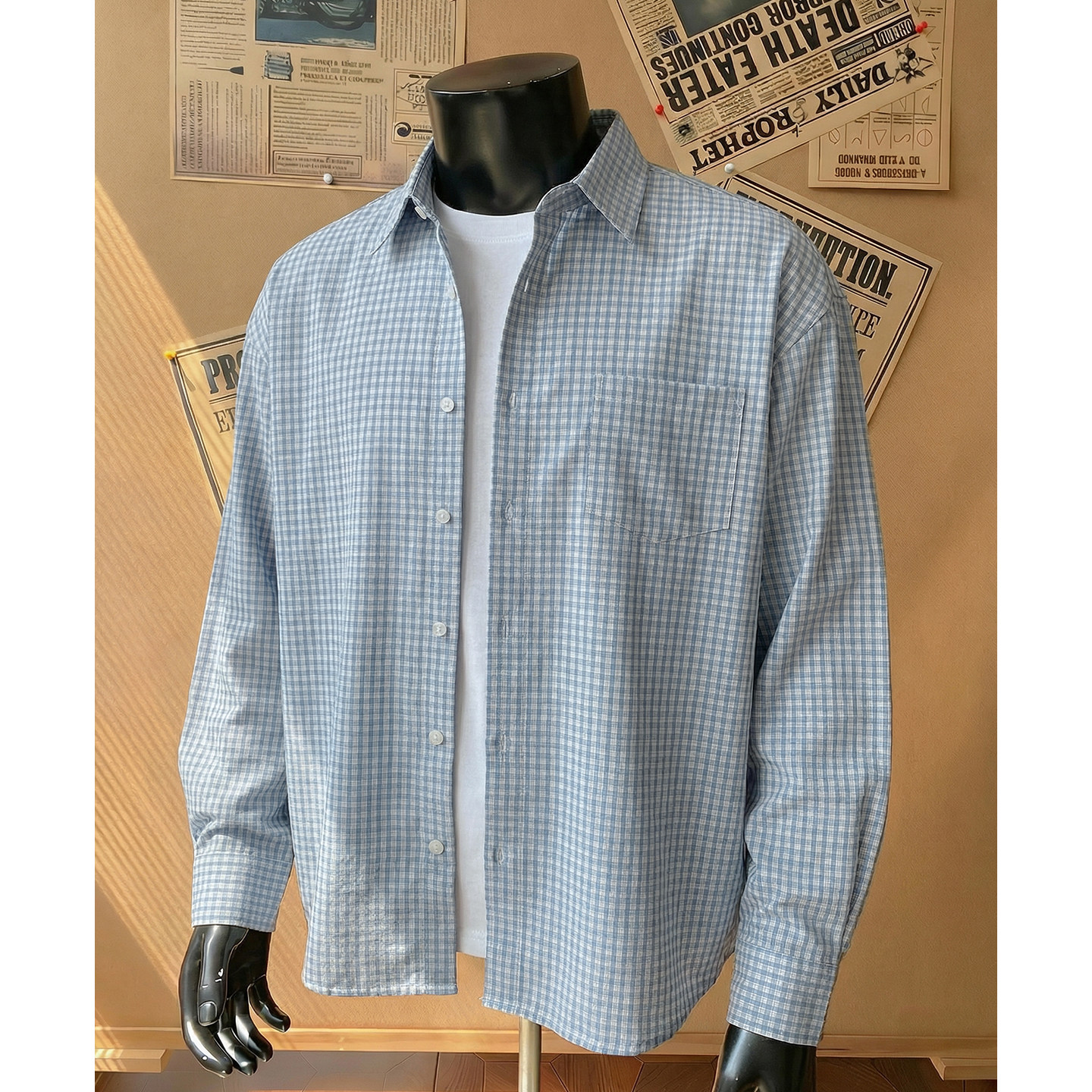 春季宽松休闲浅蓝格纹miu系穿搭风衬衣闲外套OC8040-P52控88，男装衬衫，电商A362