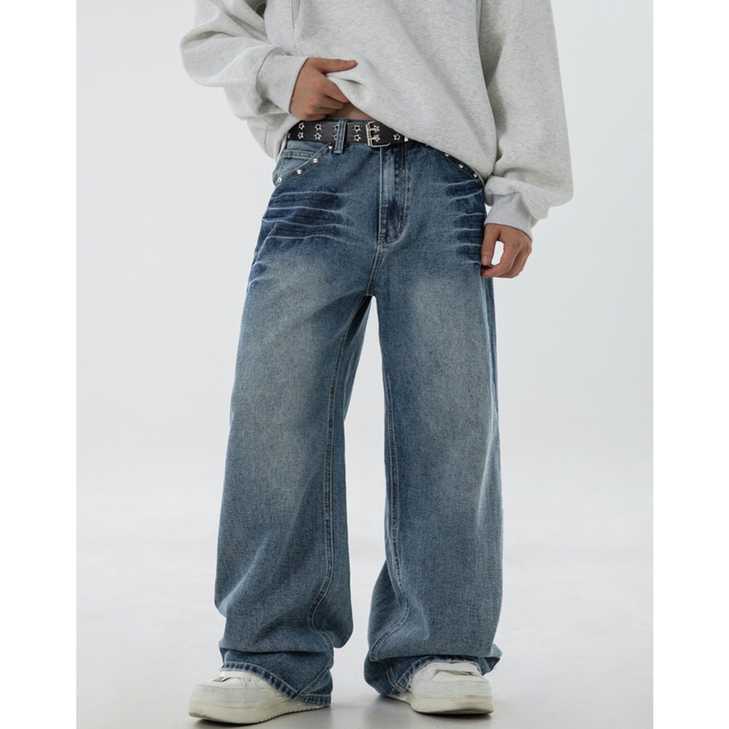 牛仔裤男秋季新款闪电猫须撞色铆钉设计半松紧长MN2455-P60控88,男装牛仔裤,电商A362