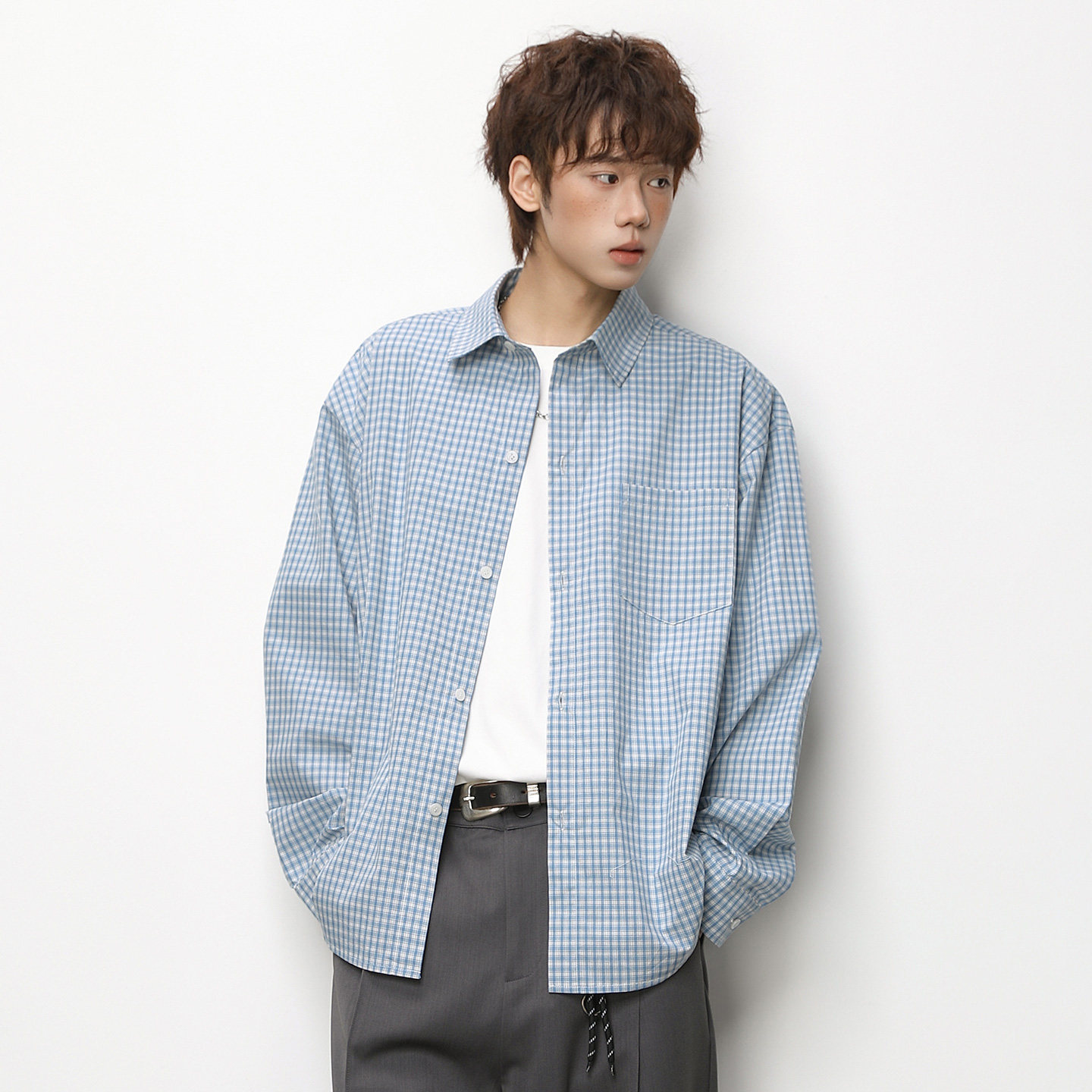 春款小格纹宽松休闲衬衣miu系穿搭风上衣外套OC8040-P52控88,男装衬衫,电商A362