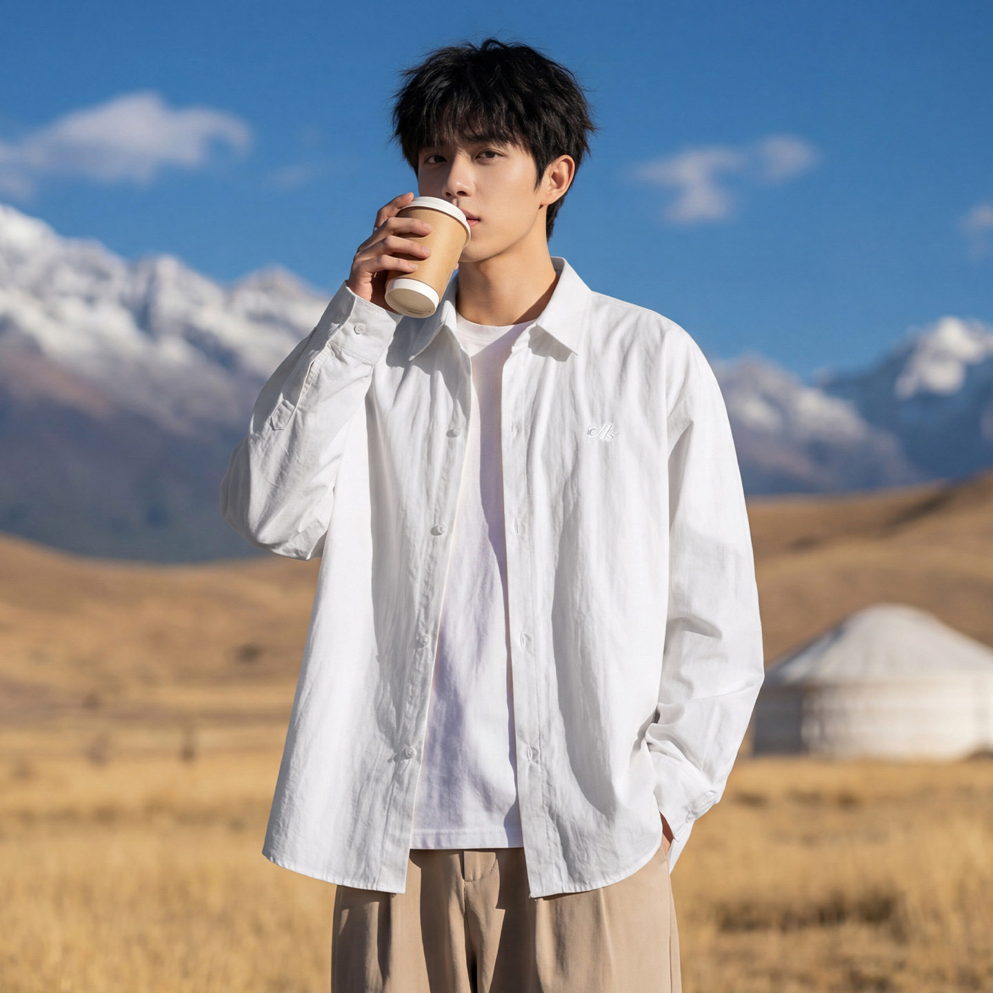 长袖衬衫男春季款cleanfit宽松质感刺绣衬衣外套OC8025-P40控68,男装衬衫,电商A362