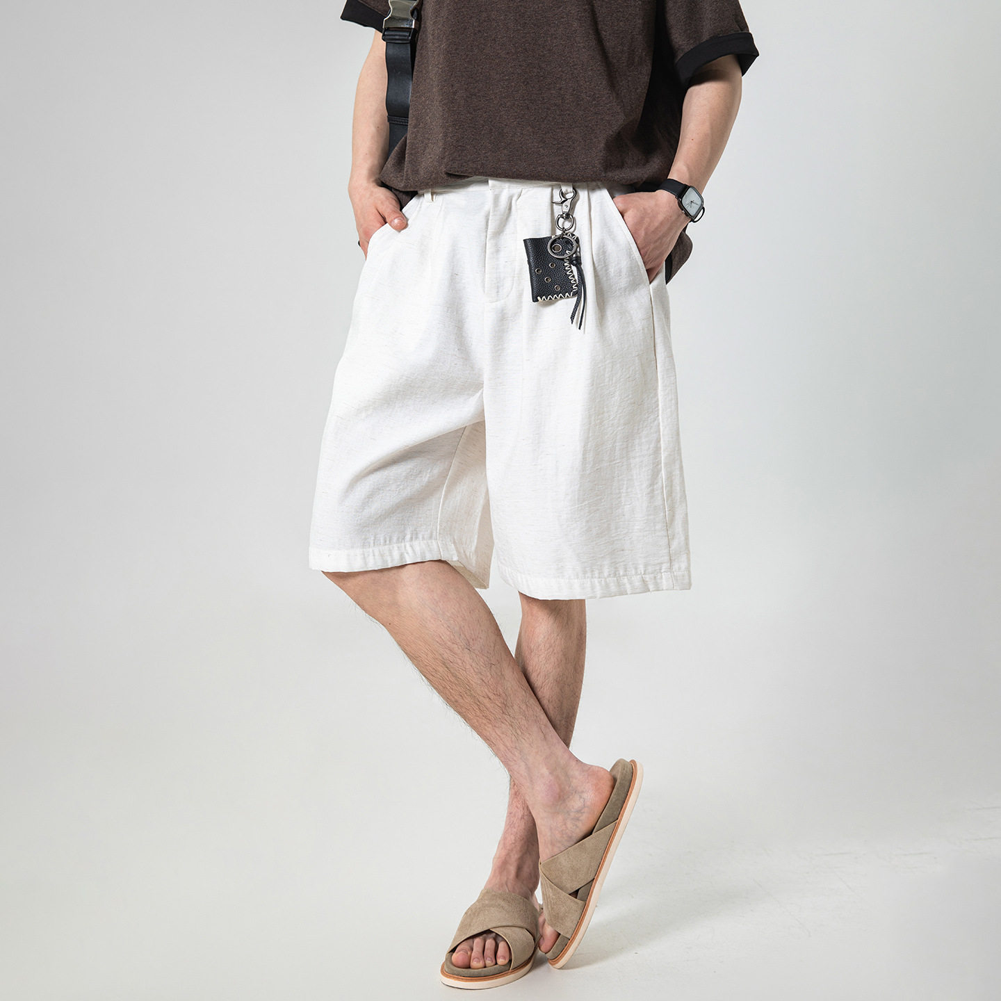 夏季薄款透气中裤简约宽松亚麻纹理休闲短裤OK2600-P40控75,男装休闲裤,电商A362