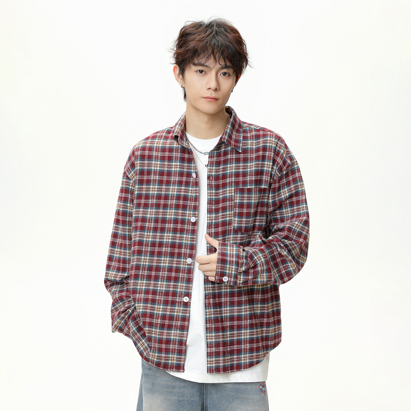 长袖衬衫男秋季基础格子翻领口袋衬衣情侣外套MC3963-P43控68,男装衬衫,电商A362