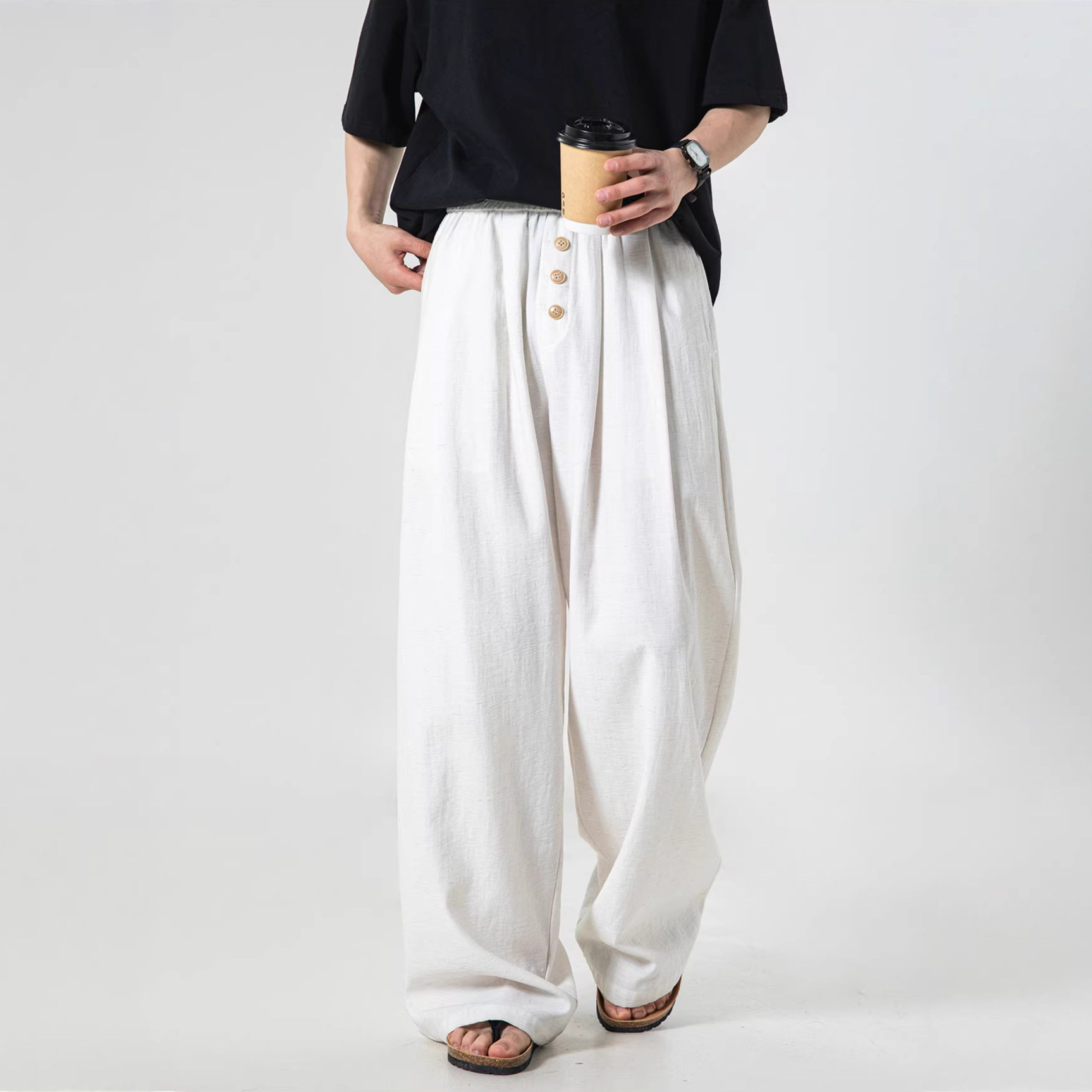 直筒休闲裤男春夏款打褶宽松垂感肌理阔腿长裤子OK2489-P45控78，男装休闲裤，电商A362