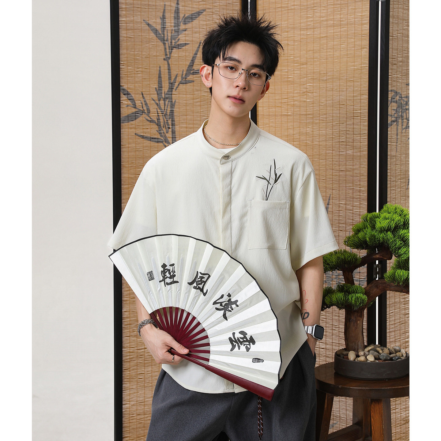 短袖衬衫男夏季透气款立领风竹叶刺绣暗门襟衬衣OC7290-P35控65，男装衬衫，电商A362