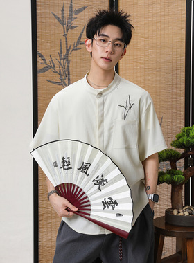 短袖衬衫男夏季透气款立领国风竹叶刺绣暗门襟衬衣OC7290-P35控65