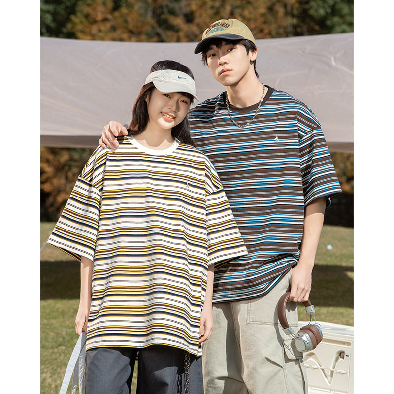 复古休闲刺绣短袖T恤男女宽松情侣撞色条纹体恤MT7170-P40控65，男装T恤，电商A362