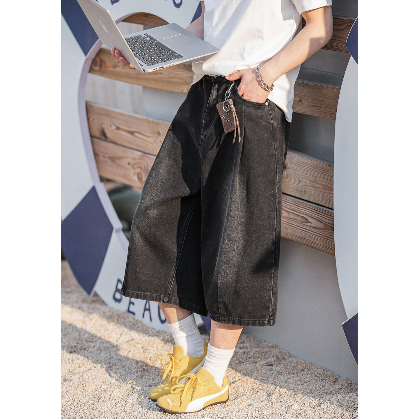 七分裤男夏款撞色铆钉打褶宽松休闲阔腿中裤ON2609-P45控78，男装牛仔裤，电商A362