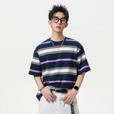 美式色织撞色条纹短袖T恤男夏季新款潮牌复古质感宽松半袖体恤衫，男装T恤，电商A362
