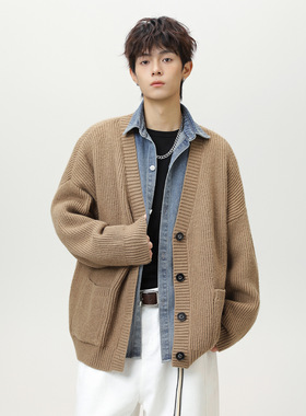 慵懒风开衫毛衣男秋冬款日系复古纯色V领针织衫外套K4089-P59控88