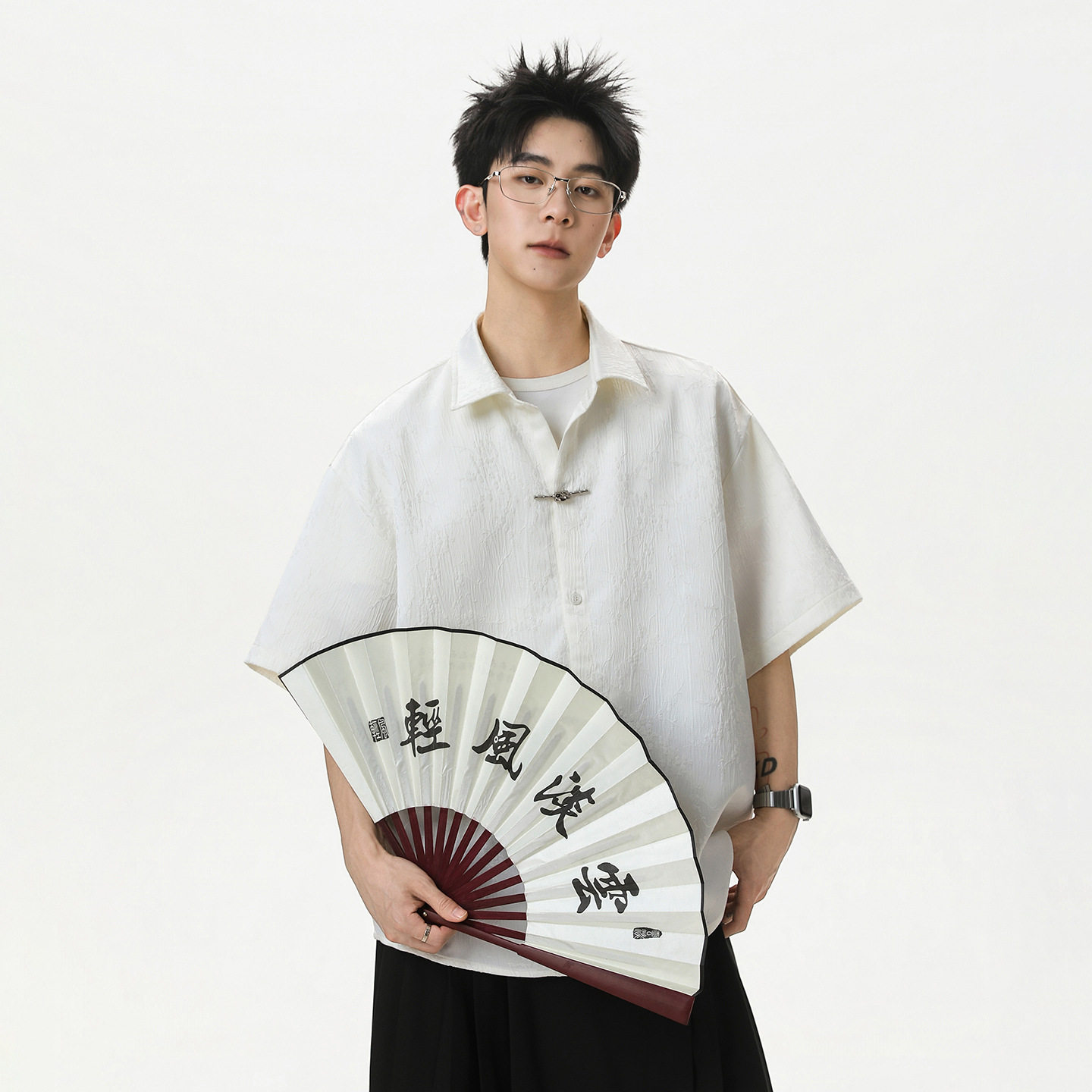 男夏季透气款梅花肌理金属一字扣宽松休闲衬衣OC7289-P38控68,男装衬衫,电商A362
