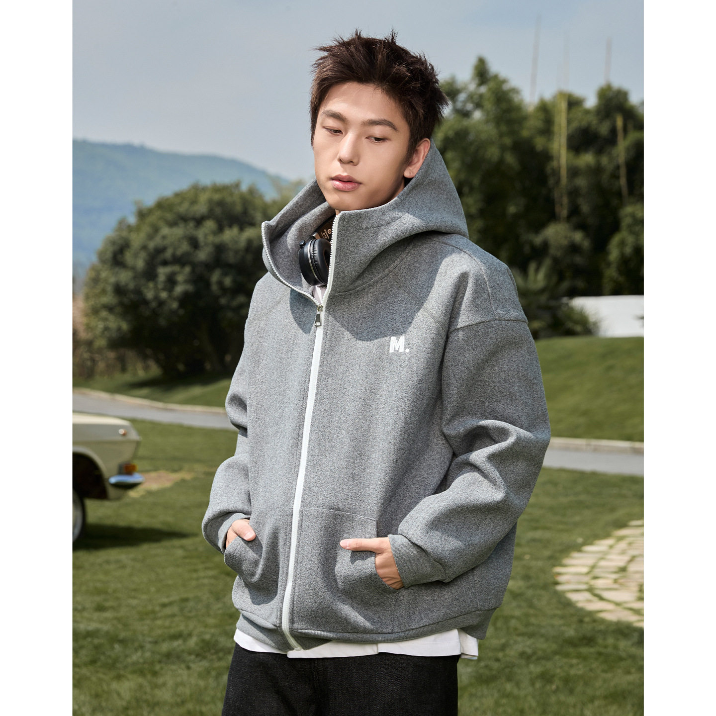 毛呢连帽卫衣男秋款美式复古宽松半高领帽衫MW3952-P65控108，男装卫衣，电商A362