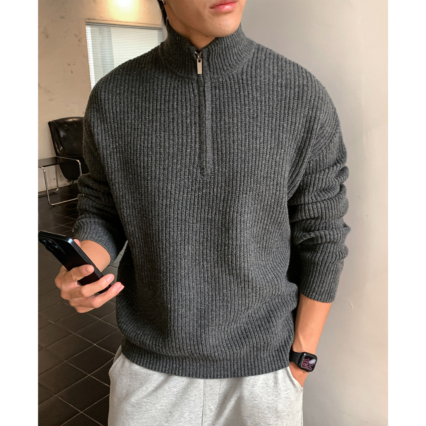 拉链立领毛衣男秋冬新款质感仿鹿毛绒套头针织衫MM4155-P58控88，男装针织衫/毛衣，电商A362