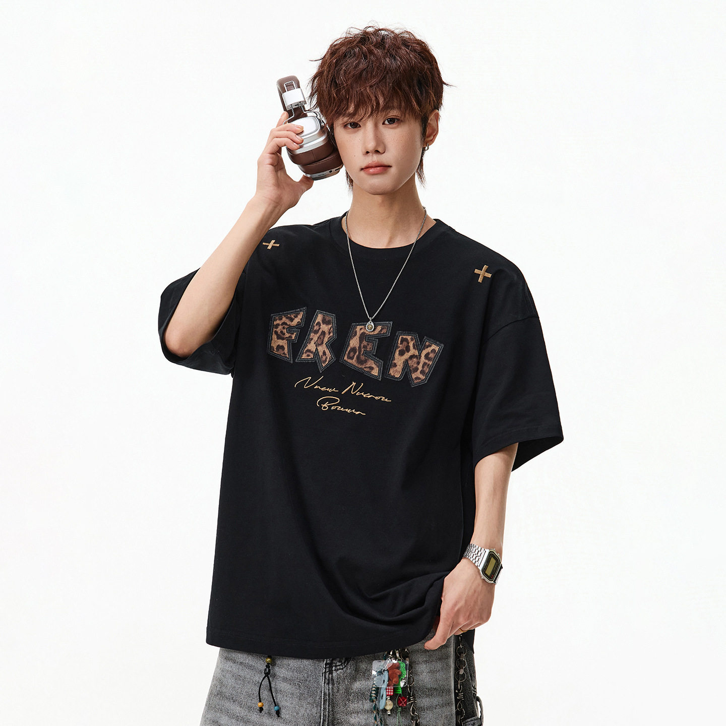 夏季新款质感纯棉潮牌宽松高街休闲半袖体恤衫OT7257-P40控75，男装T恤，电商A362