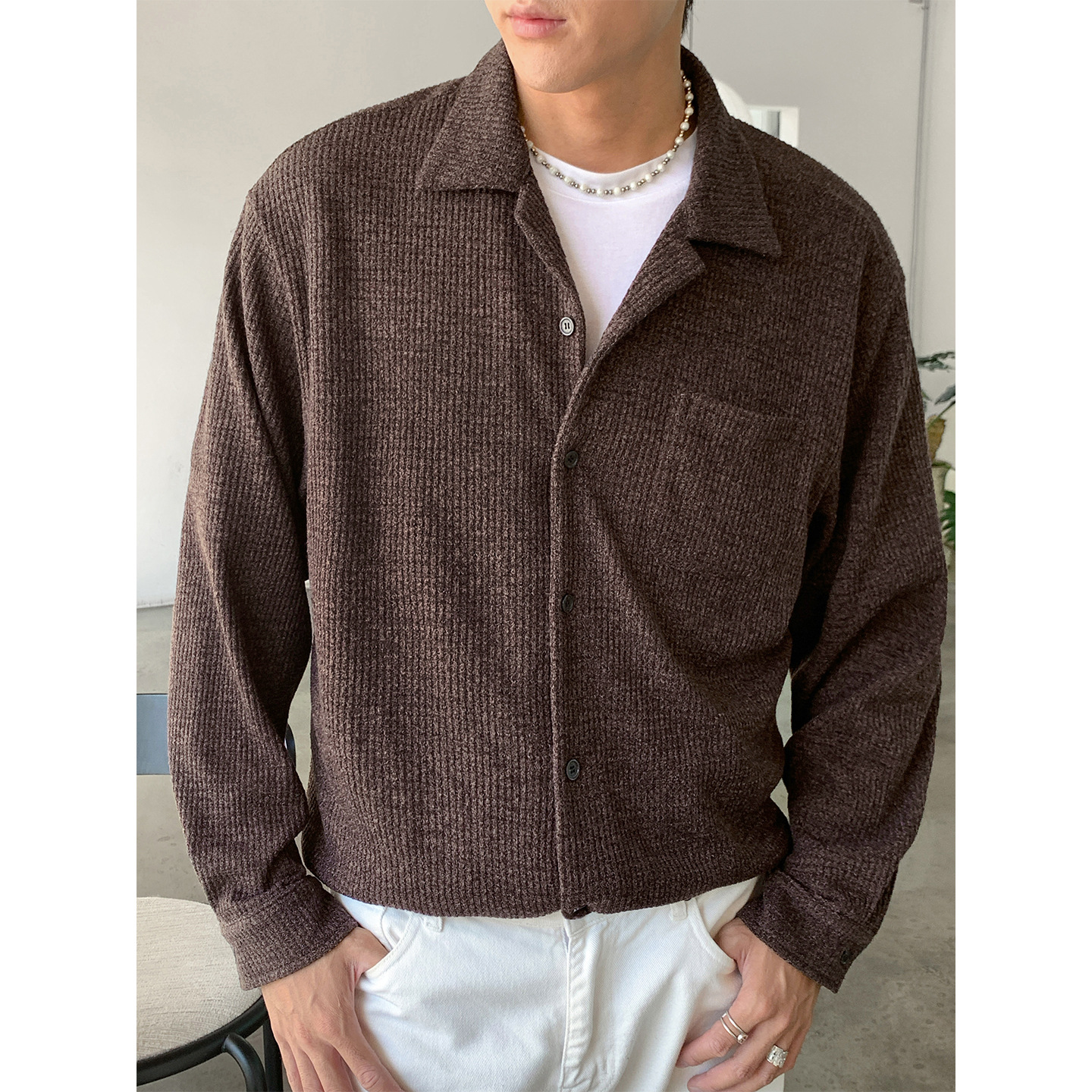 长袖衬衫男秋冬款纯色感古巴领衬衣潮牌复古外套MC8003-P60控98，男装衬衫，电商A362